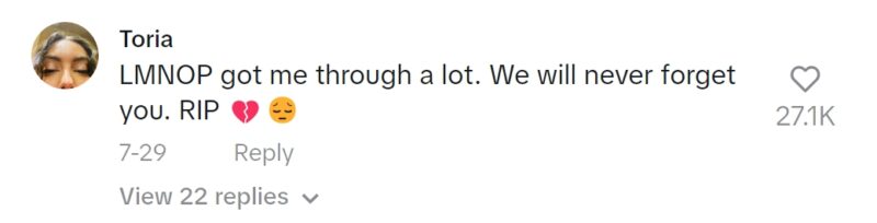 Screenshot of TikTok comment: LMNOP got me through a lot. We will never forget you. RIP