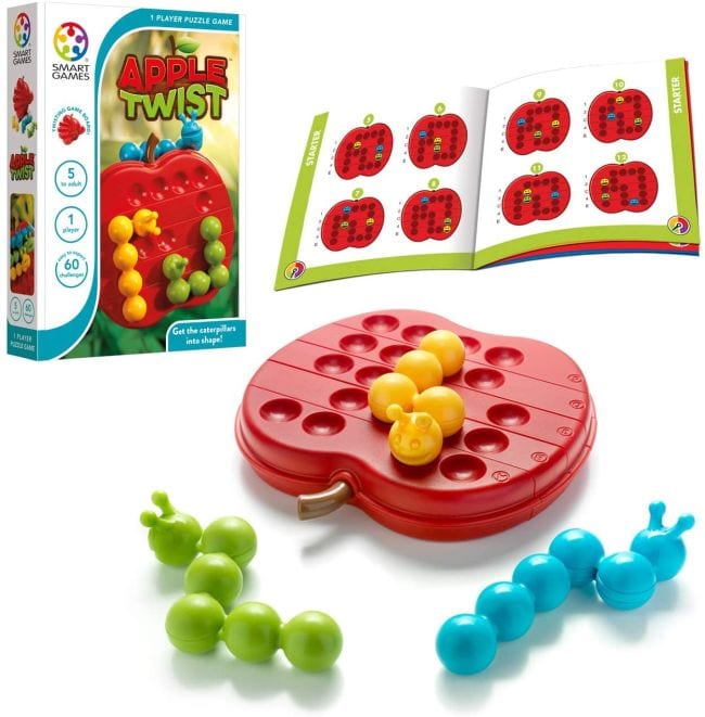 Apple Twist logic game with apple game board, caterpillar pieces, and puzzle book