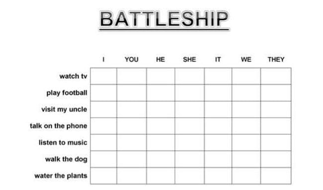 battleship game paper to play using verb tenses 