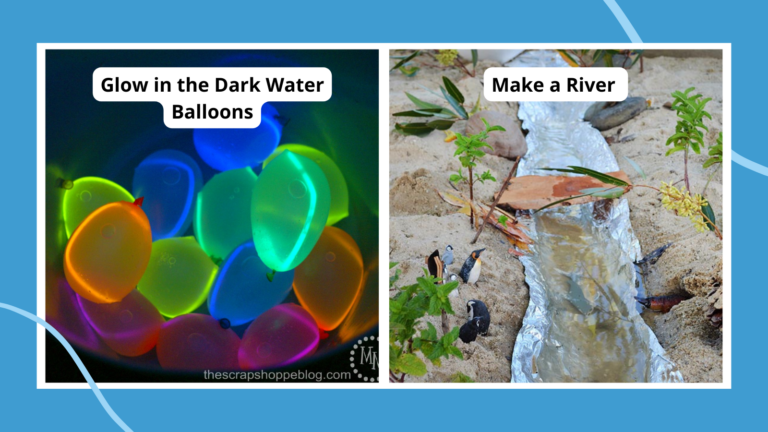 ideas for water activities glow in the dark water balloons and a river made in a sandbox