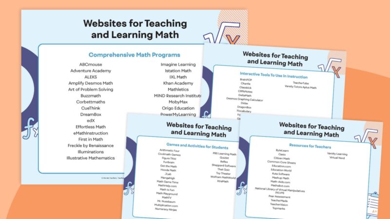 Four printable lists of math websites.