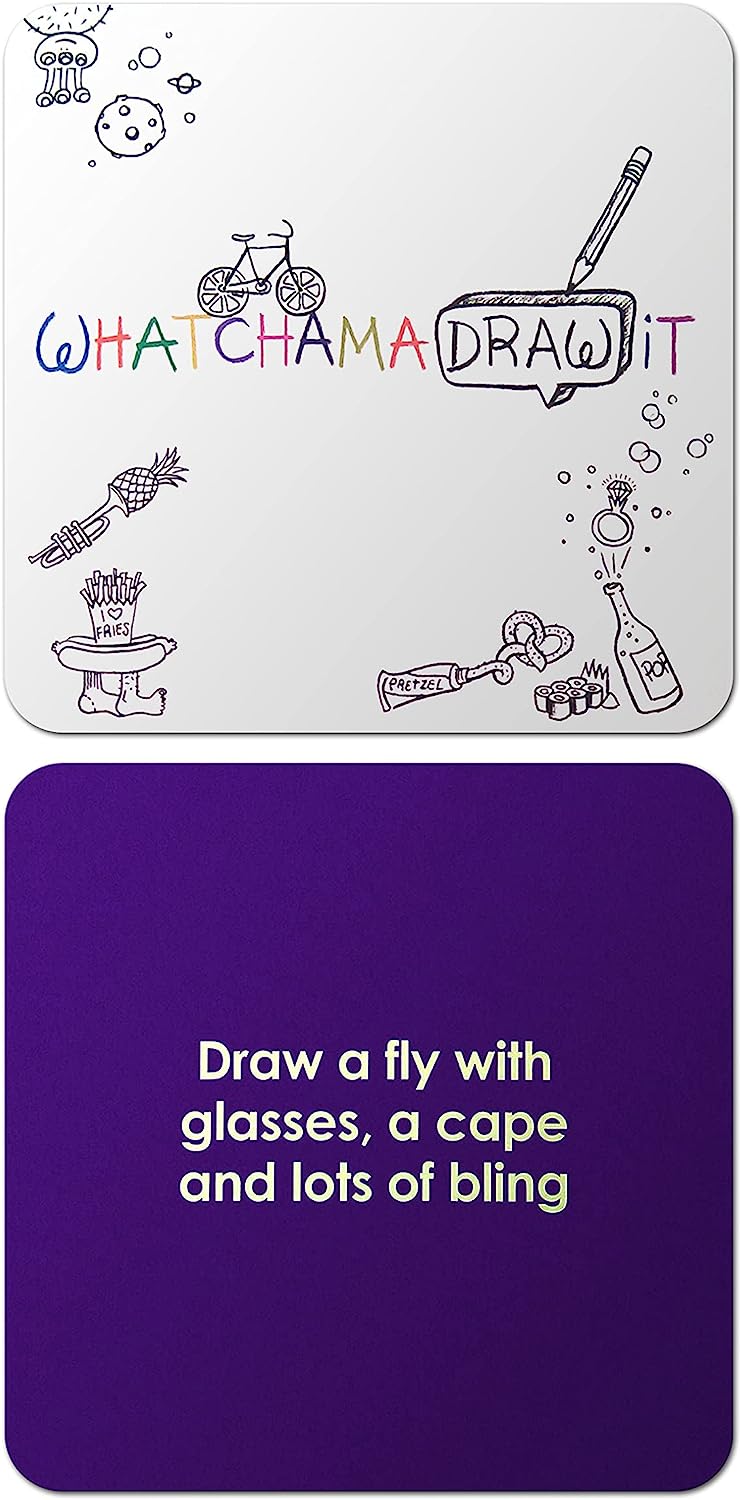 A playing card says Draw a fly with glasses, a cape, and lots of bling. A child's drawing of it is shown.
