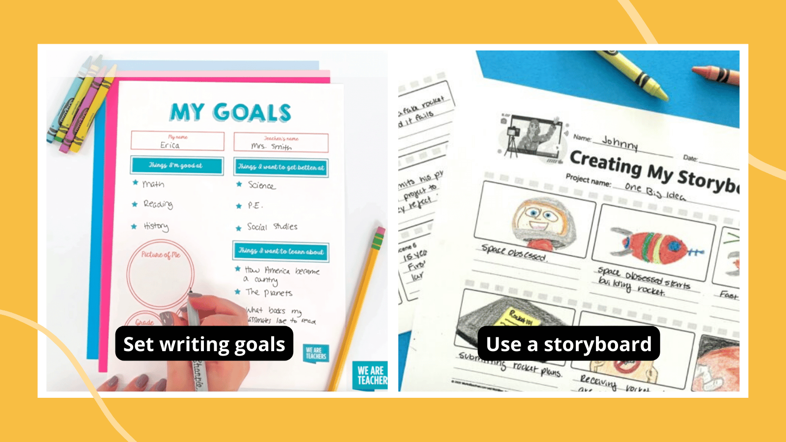 Two writing strategies, including a storyboard printable worksheet and a printable student goal setting sheet.